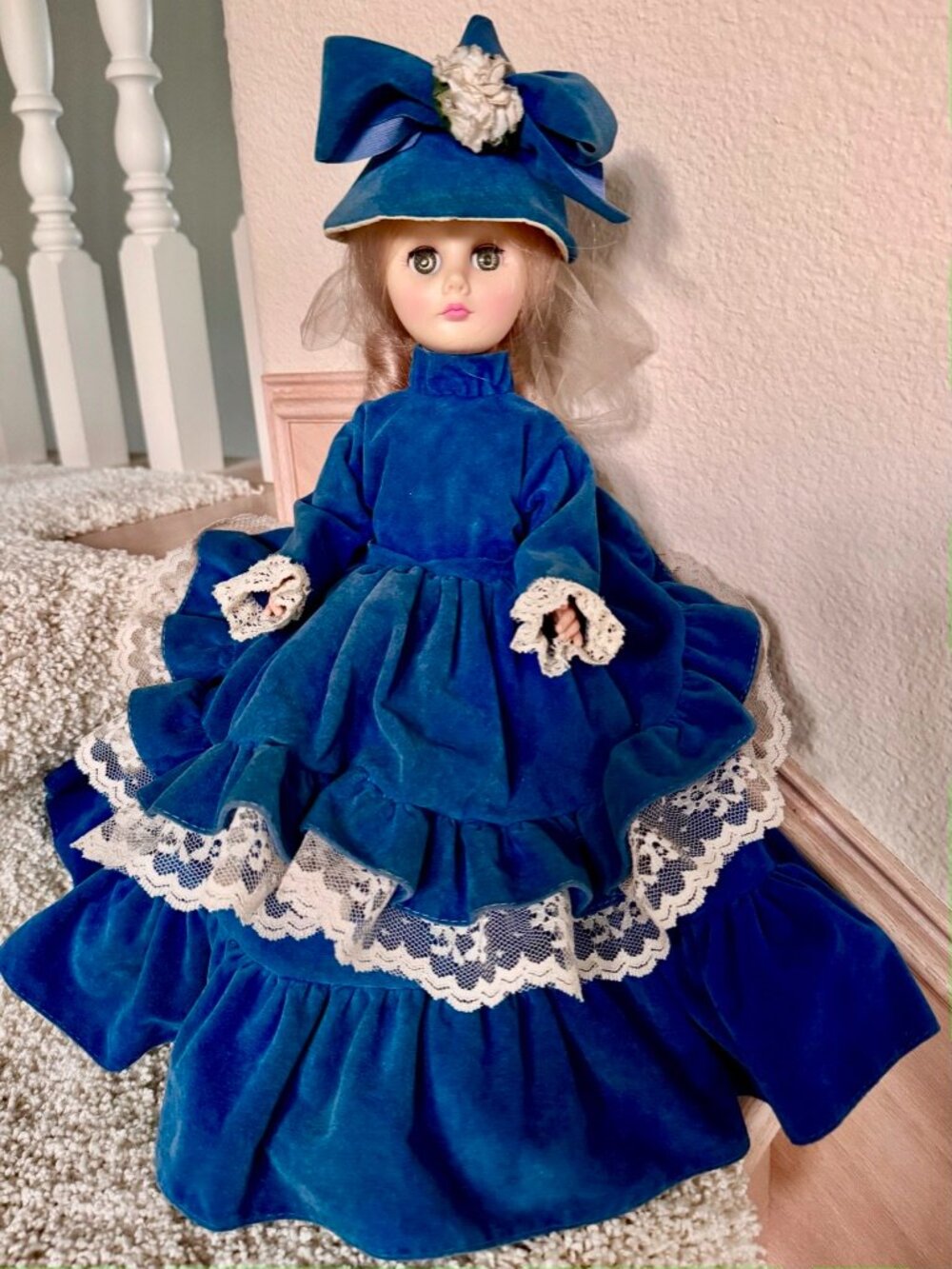 Vintage 15" Doll with Beautiful Royal Blue Ruffled, Laced Dress, & Pantaloons.